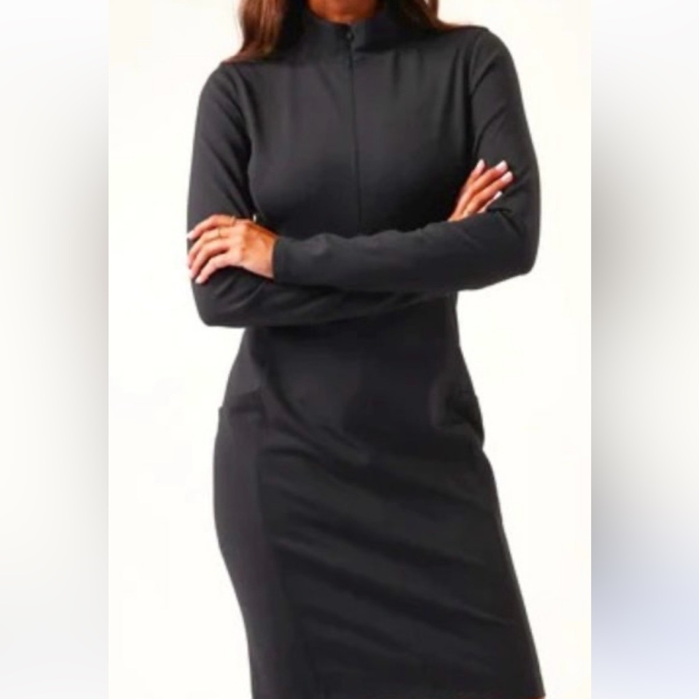 Athleta Delancey Black Half Zip Long Sleeve Mock Neck Dress with Pockets-SP - Picture 3 of 14